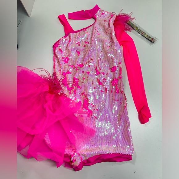 Weissman Costume Asymmetrical Side Bustle Biketard Pink Sequin NEW XL Adult - Picture 2 of 10